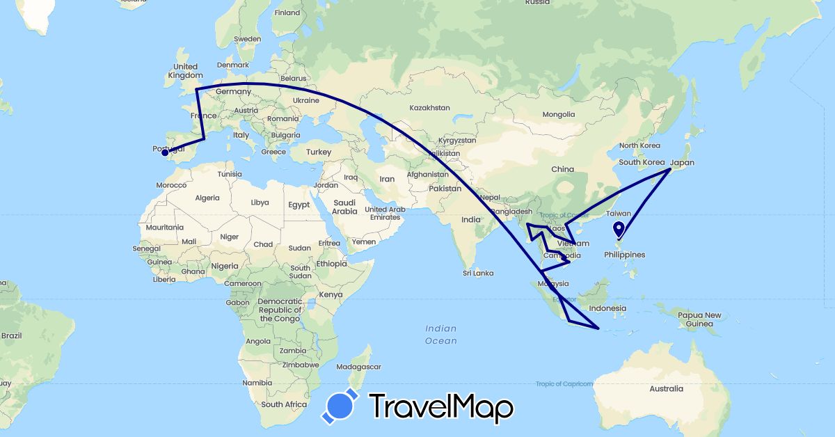TravelMap itinerary: driving in Germany, Spain, United Kingdom, Indonesia, Japan, Cambodia, Laos, Myanmar (Burma), Malaysia, Philippines, Portugal, Singapore, Thailand, Vietnam (Asia, Europe)